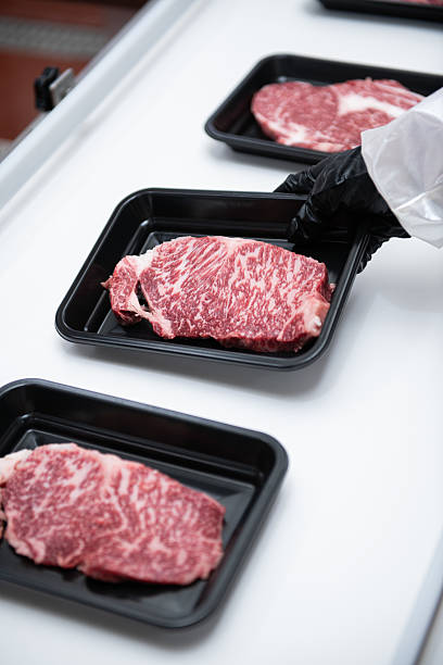 istock Steaks on a conveyor belt being packaged in a food processing plant 2220817770