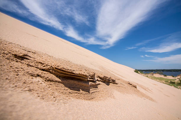 Strong wind shaping dry arid desert landscape scene with uniquely shaped golden sand dunes in Western Australia