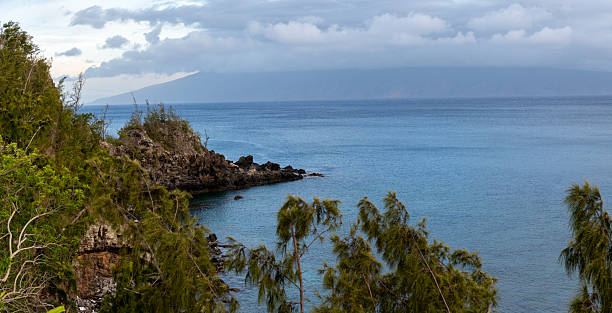 istock Maui coastline with lush vegetation, rocky cliffs, and calm blue ocean under a cloudy sky. 2220824913