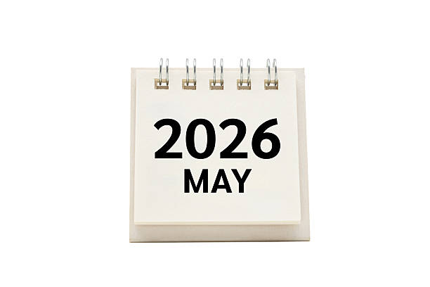 istock 2026 MAY text on desk calendar with clipping path isolated on white background. 2026 MAY and Calendar concept. 2220827110