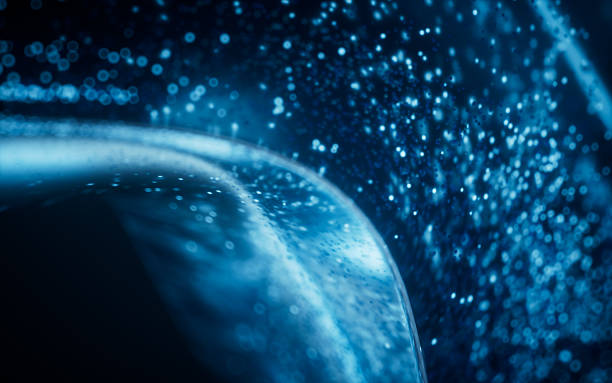 istock Blue glowing particles in glass geometry, 3d rendering. 2220827859