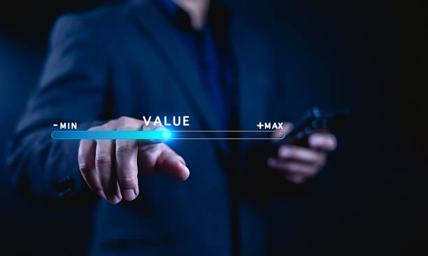 istock Business growth concept. Businessman points at progress bar VALUE virtual on hand, Growth value Increase value. digital marketing, technology 2220828728