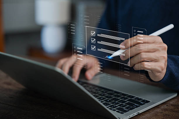 istock Digital Signature technology office. Businessman using pen to sign document, Show digital document virtual on laptop,Online business E-signing on network connection, digital document management 2220828734