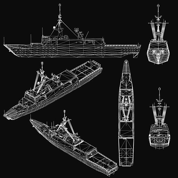 istock Detailed blueprint of a navy warship on a black background, featuring intricate design elements and labeled sections. The ship's structure includes various shapes and sizes for a realistic. 2220830091