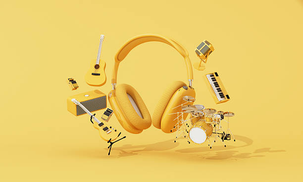 istock Yellow floating headphones surrounded by various musical instruments like drums, guitar, amp, microphone, and keyboard on yellow background. Music inspiration 3d rendering. 2220839089