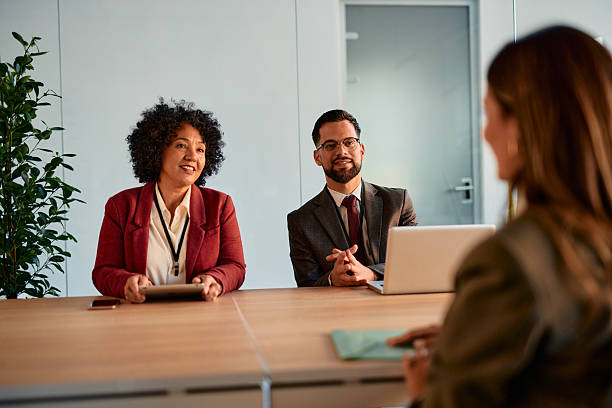 istock Hr managers interviewing female candidate for job position 2220840003