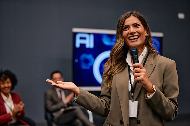istock Businesswoman presenting artificial intelligence in a corporate meeting 2220841258