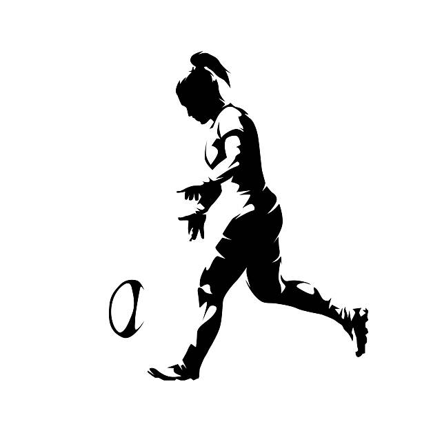 istock Womens rugby, female rugby player kicking ball, isolated high contrast vector illustration 2220849507