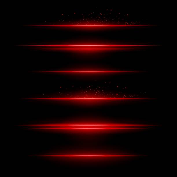 istock Red energy lines. Glowing horizontal streaks with particle sparks above and below lines. Dark background adds contrast. Suitable for sci-fi, fire, energy, tech visuals. 2220856677
