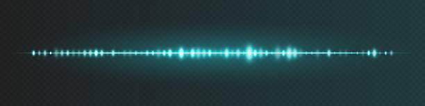 istock Blue sound line with luminous peaks and fading endpoints on dark checkered backdrop, suitable for AI audio input, voice bot interface or assistant visualization. 2220859547