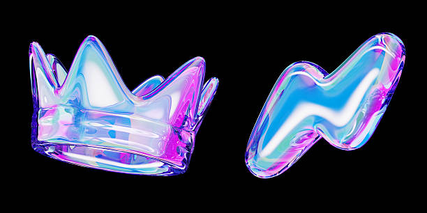 istock Crystal holographic y2k crown and lightning bolt icon with bright neon gradient isolated on black background. Render 3d set of liquid glass abstract shapes in retro futuristic style 2220864228