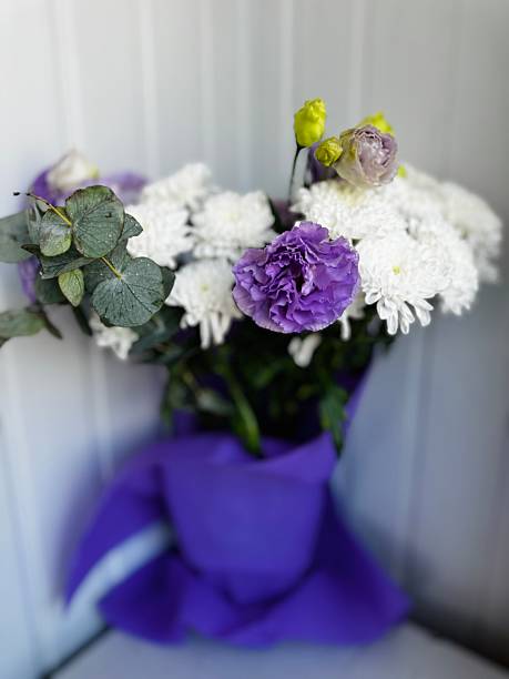bouquet of flowers, white chrysanthemums, purple eustoma