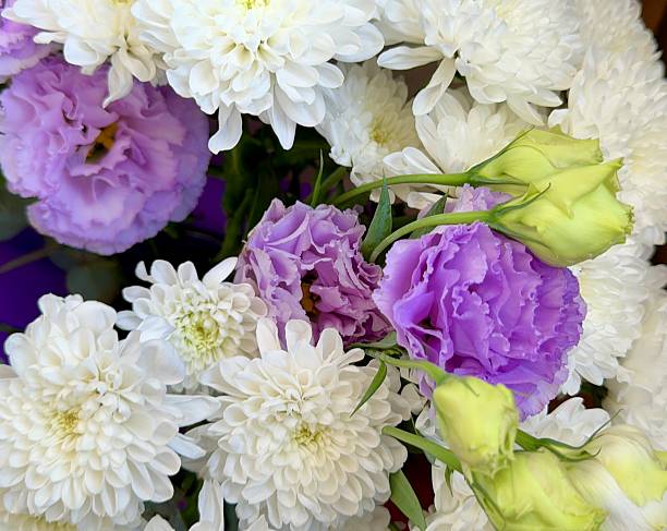 bouquet of flowers, white chrysanthemums, purple eustoma