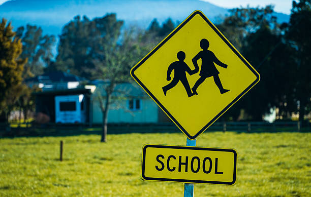 Yellow colored pedestrian crossing road signs , school zone pedestrian crossing with greenery and a building in background.