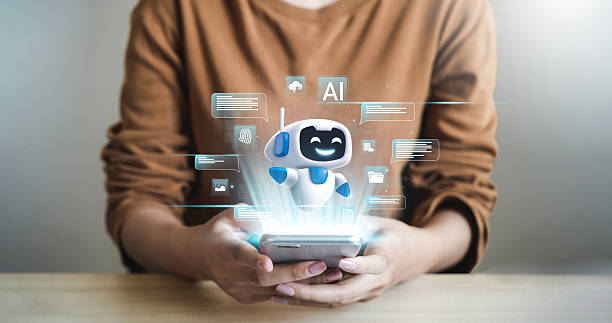 istock Hand drawn icons. People using laptops with AI assistants for graphic design, translation, chatbots, visualization, coding, and advertising. 2220870463