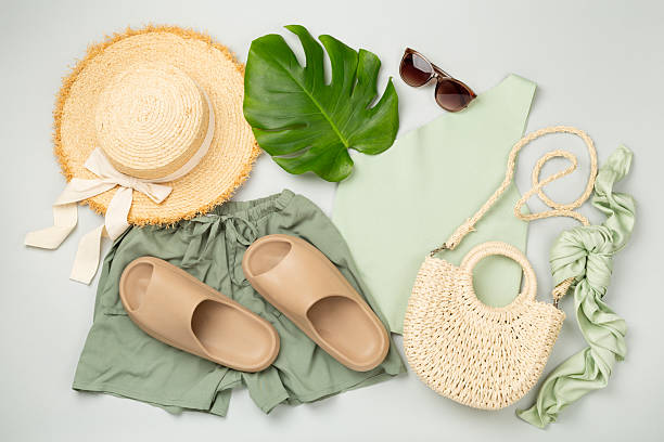 istock Flat lay with casual summer outfit on color background, top view 2220872050