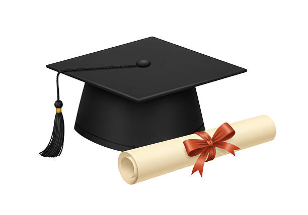Isolated Graduation Cap and Diploma with Red Ribbon