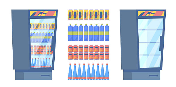 istock Cartoon Color Empty and Full Supermarket Refrigerator with Bottles Set. Vector 2220878874