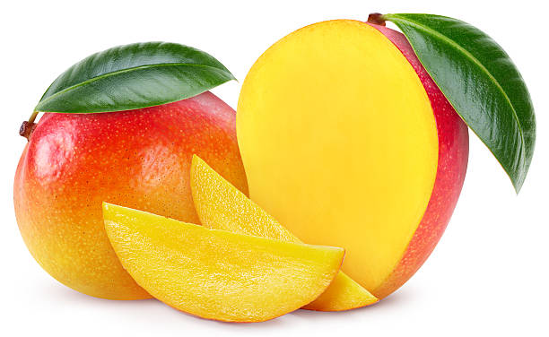 istock Fresh organic mango with leaves isolated on white background 2220879176