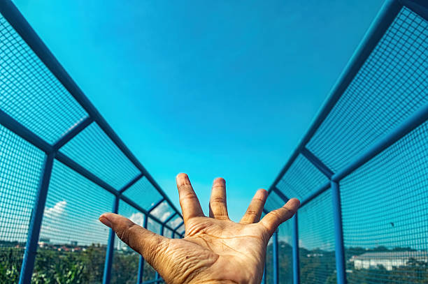 istock A human hand reaches out towards an expansive clear blue sky, framed by the parallel lines of a blue mesh bridge. Symbolizes freedom, aspiration, and the journey towards new horizons 2220881101