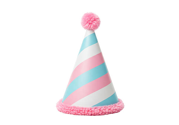 Isolated Striped Party Hat with Pom-Pom and Fluffy Trim