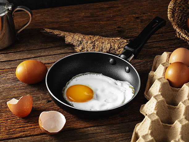 istock Fresh Fried Egg in Black Frying Pan on Rustic Wooden Table 2220887592