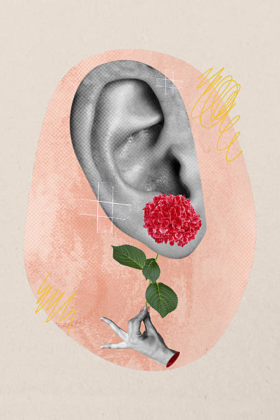 istock Creative artwork template sketch image 3D collage of huge size ear hand hold flower accessory spring bouquet woman international day decor 2220904907