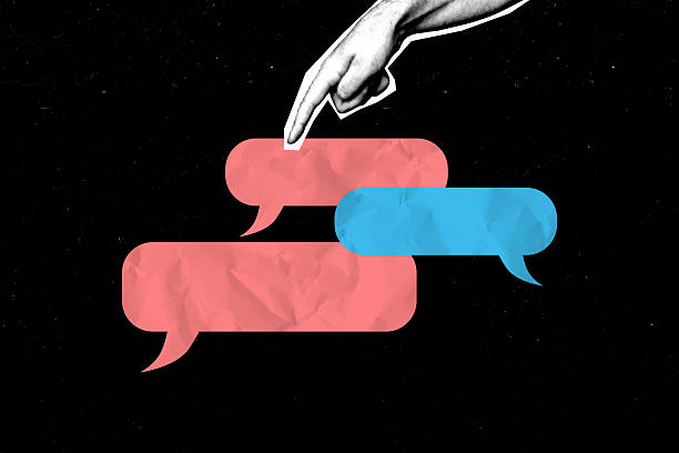 istock Art image full 3d pop photo collage of hand show communication icon speech conversation talk phrase social media message 2220904939