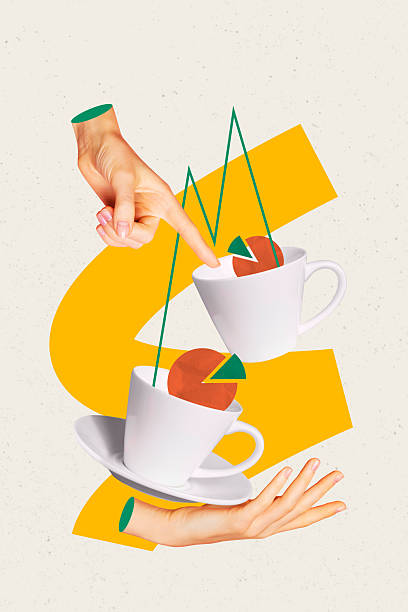 istock Creative design composite trend artwork collage of hand hold cup drink diagram data analyzing graphics trader target business finger touch 2220905129