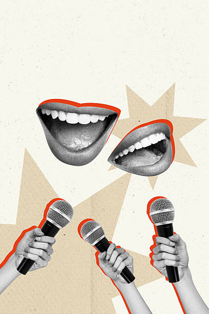 istock Creative artwork sketch image 3D collage of two mouth lips smile hand hold microphone manipulation press propaganda fake disinformation 2220905136