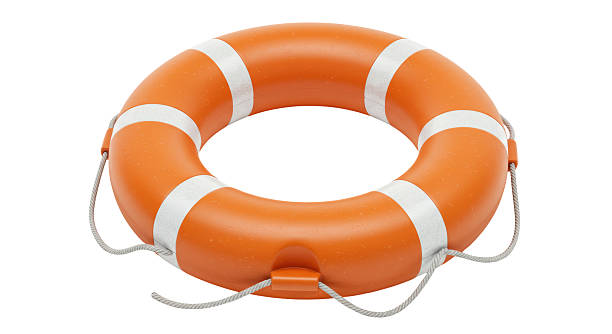 istock Isolated Orange Lifebuoy with White Stripes and Ropes 2220910146