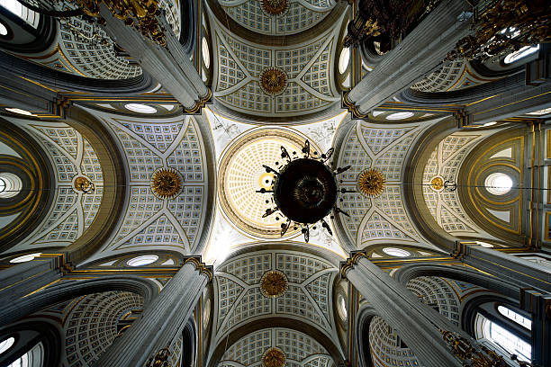 Puebla, Pue., Mexico - August 10, 2021: Interior with vaulted ceiling of the Catedral de Puebla. the temple's luxurious interior