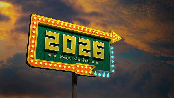 istock New Year 2026 Creative Design Concept with sign board and lights 2220911144
