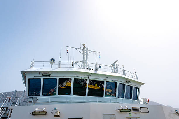 Close-up of the navigation bridge of a Croatian ferry, showcasing its panoramic windows, antenna systems, radar, loudspeaker, and lighting infrastructure. The sea is reflected in the glass, while two passengers are faintly visible inside. This image represents marine navigation, communication technology, safety, and transport infrastructure.