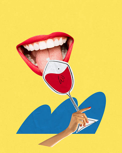 istock Red lips and hand holding stylized wine glass against yellow backdrop. Event promotion 2220916636