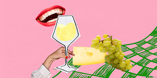 istock Bold digital collage. Playful wine tasting with cheese and grapes on pink table. Modern packaging 2220916650