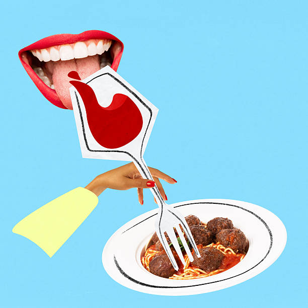 istock Digital collage with spaghetti and meatballs with bold red wine in surreal composition 2220916652