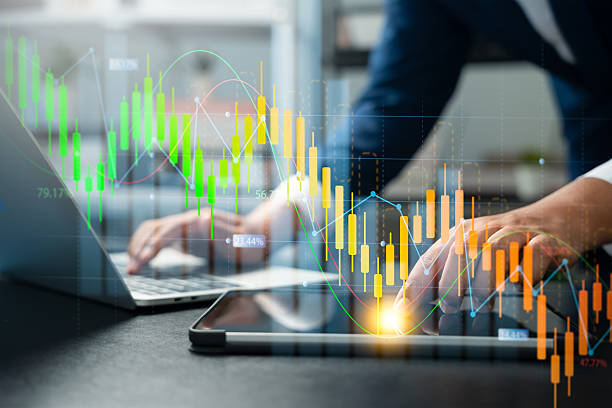 istock Stock market investment and technical analysis,Virtual screen stock chart,Investor using application on laptop to analyze stock market index chart,Price indicators, Global asset investment strategie 2220921479