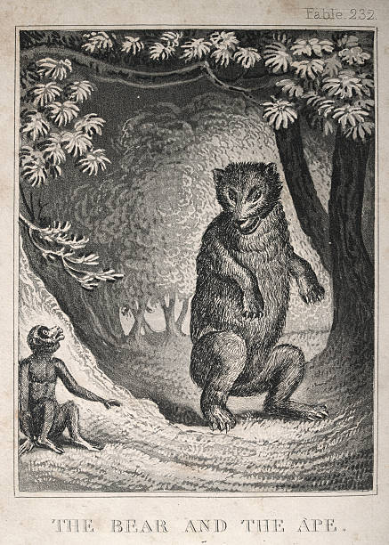 Aesop's Fables, or the Aesopica, Bear and the Ape, Vintage illustration 1820s woodcut