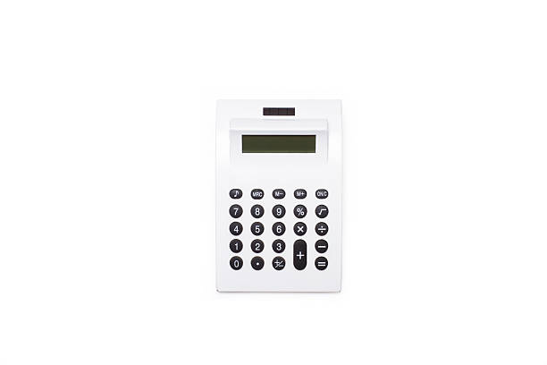 A white calculator with black buttons on a white background with copy space