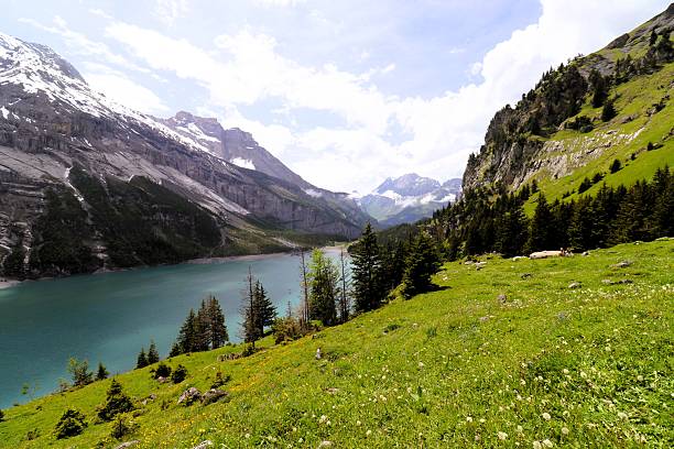 Oeschinen Lake, cradled in the heart of the Swiss Alps, is a stunning alpine jewel surrounded by towering, snow-capped mountains.