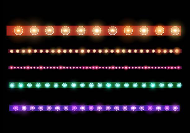 Vector illustration of a set of retro led strips with glowing neon multicolored bulbs. Decorated Lighting For Circus, Theater and Casino Advertising. Isolated Black Background.