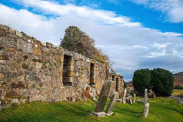 Cill Chriosd ruined church and graveyard site, ancient Cristian site near road to Elgol.\nOctober 2012, Isle of Skye, Scotland.
