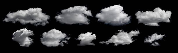 istock Clouds set isolated on black background. White cloudiness, mist or smog background. Design elements on the topic of the weather. White cloud collection. 2220944994
