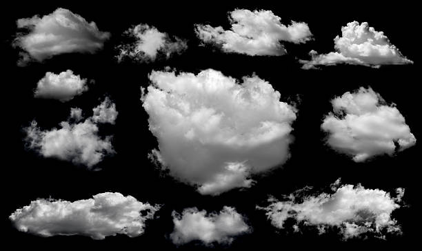 istock Clouds set isolated on black background. White cloudiness, mist or smog background. Design elements on the topic of the weather. White cloud collection. 2220944997