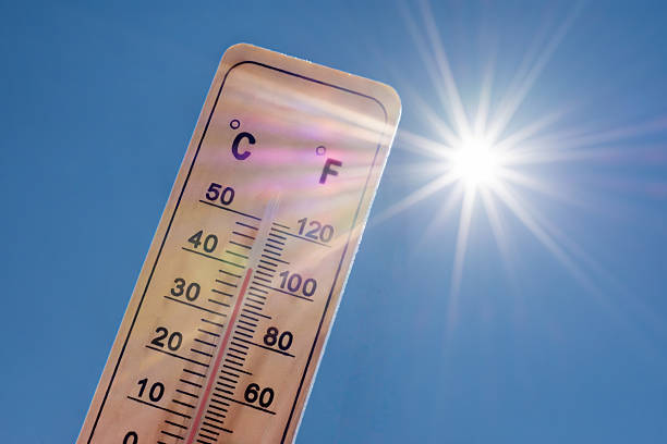 Thermometer displaying a high temperature in degrees Celsius and Fahrenheit with a radiant sun on a background of blue sky. Concepts of summer, hot weather, excessive temperatures and heat waves