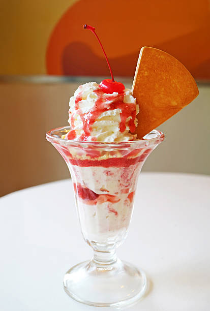 Delectable Strawberry Ice Cream Sundae Served on White Round Table