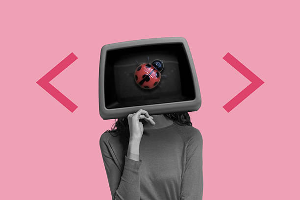 istock Person with CRT monitor head showing ladybug, pink background, debugging metaphor 2220952641
