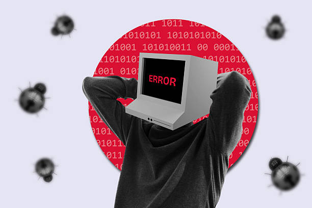 Person with monitor head displaying error, surrounded by bugs and binary code, system crash concept.