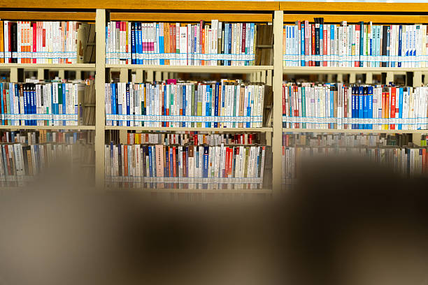 Many books on library book shelves